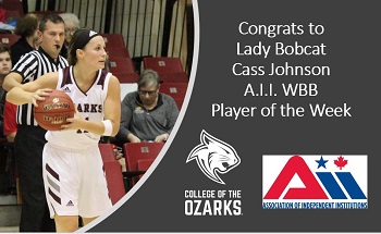 Promo announcement of POW Award with pic of Cass Johnson preparing to pass the ball