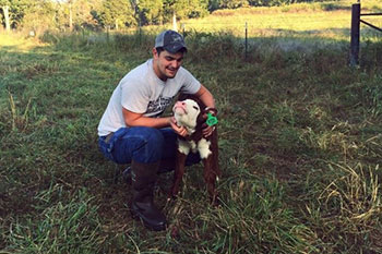 Worker kneeling and holding calf