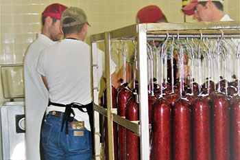 Tubes of sausage on a rack
