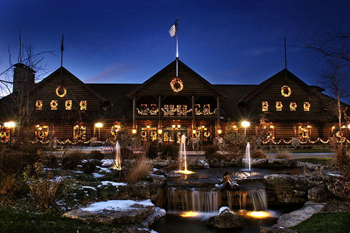 Keeter Center decorated in white Christmas lights